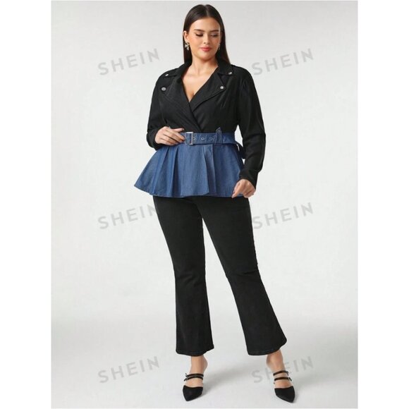 Shein Sylvia Mollie Plus Faux Denim Black Peplum Colorblock Blazer Jacket 12, 0X - Picture 7 of 11